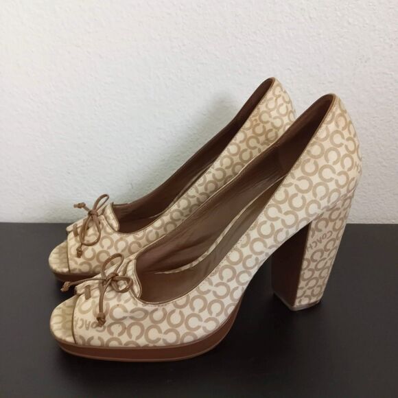 COACH Corey High Heel Peep Toe Pumps Chunky Shoes Signature Lace Up Bow 10 B - Picture 2 of 8